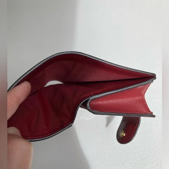 Coach Signature Medium Corner Zip Wallet Khaki Brown Tan Cherry Red Snap Button - Picture 8 of 17